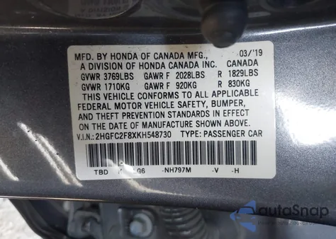 2019 Honda Civic Sport from USA, damaged, VIN 2HGFC2F8XKH548730